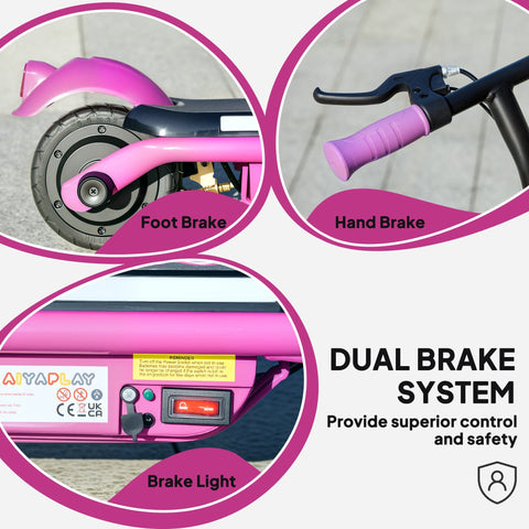 Pink aiyaplay electric scooter for kids with dual brakes foot and hand brake and red brake light dynamic light bars