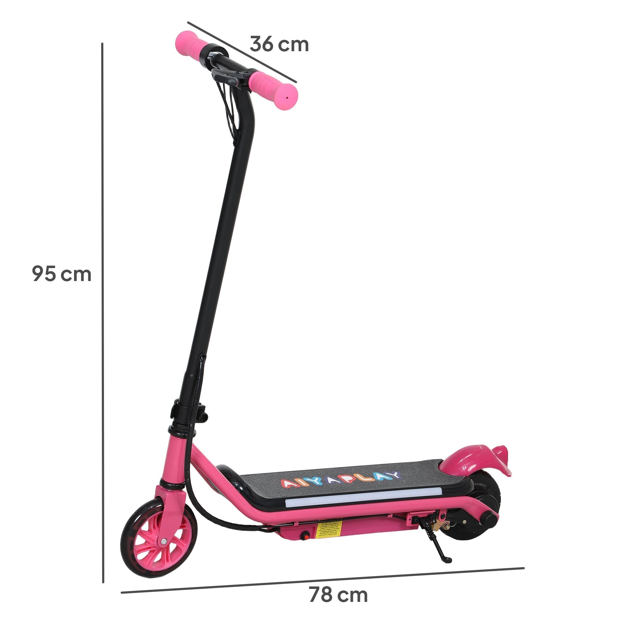 Pink and black kids electric scooter with dual brakes and dynamic light bars featuring colorful aiyaplay logo on deck