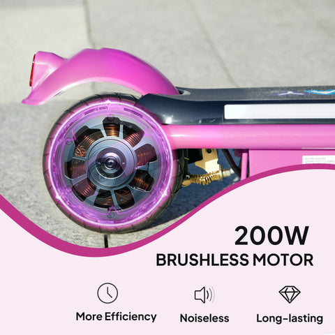 Pink AIYAPLAY electric scooter for kids with dual brakes 200w brushless motor and dynamic light bars on translucent wheels