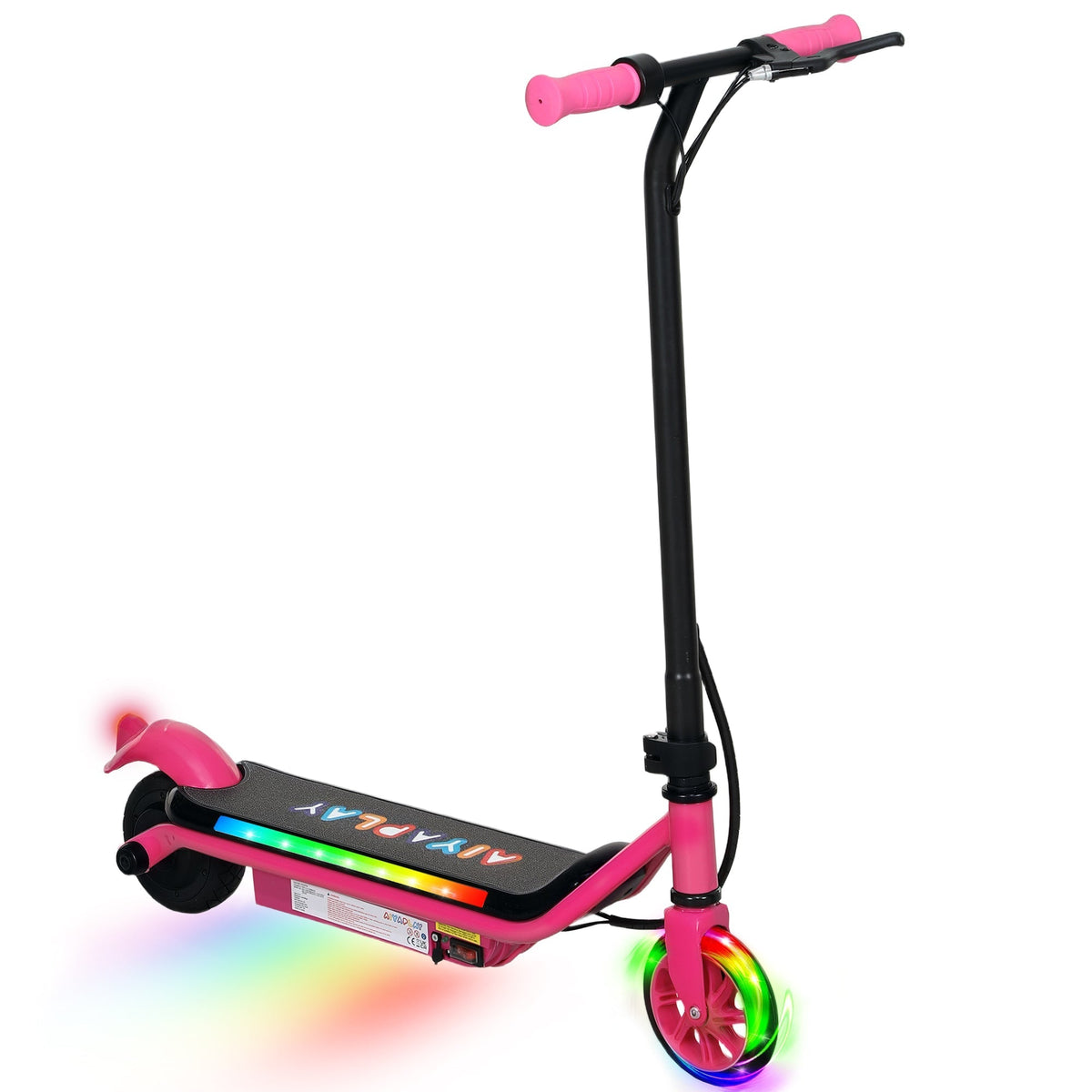 Pink aiyaplay electric scooter for kids with dual brakes and rainbow led dynamic light bars on deck and wheels
