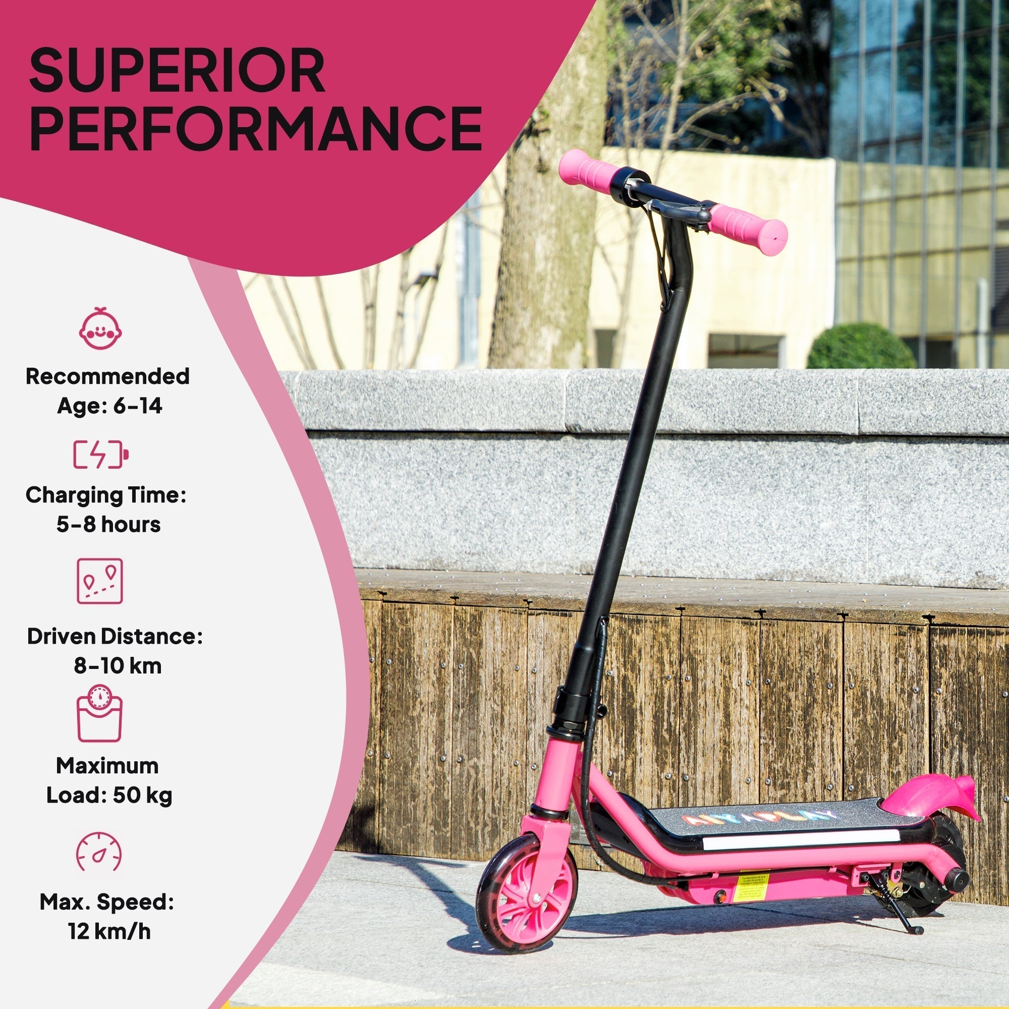 Pink and black aiyaplay kids electric scooter with dual brakes and dynamic light bars for ages 6 to 14