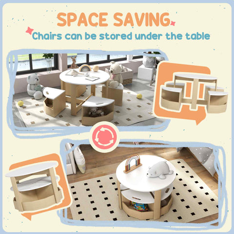 White round kids table with light wood legs and storage compartments in aiyaplay five-piece chair set