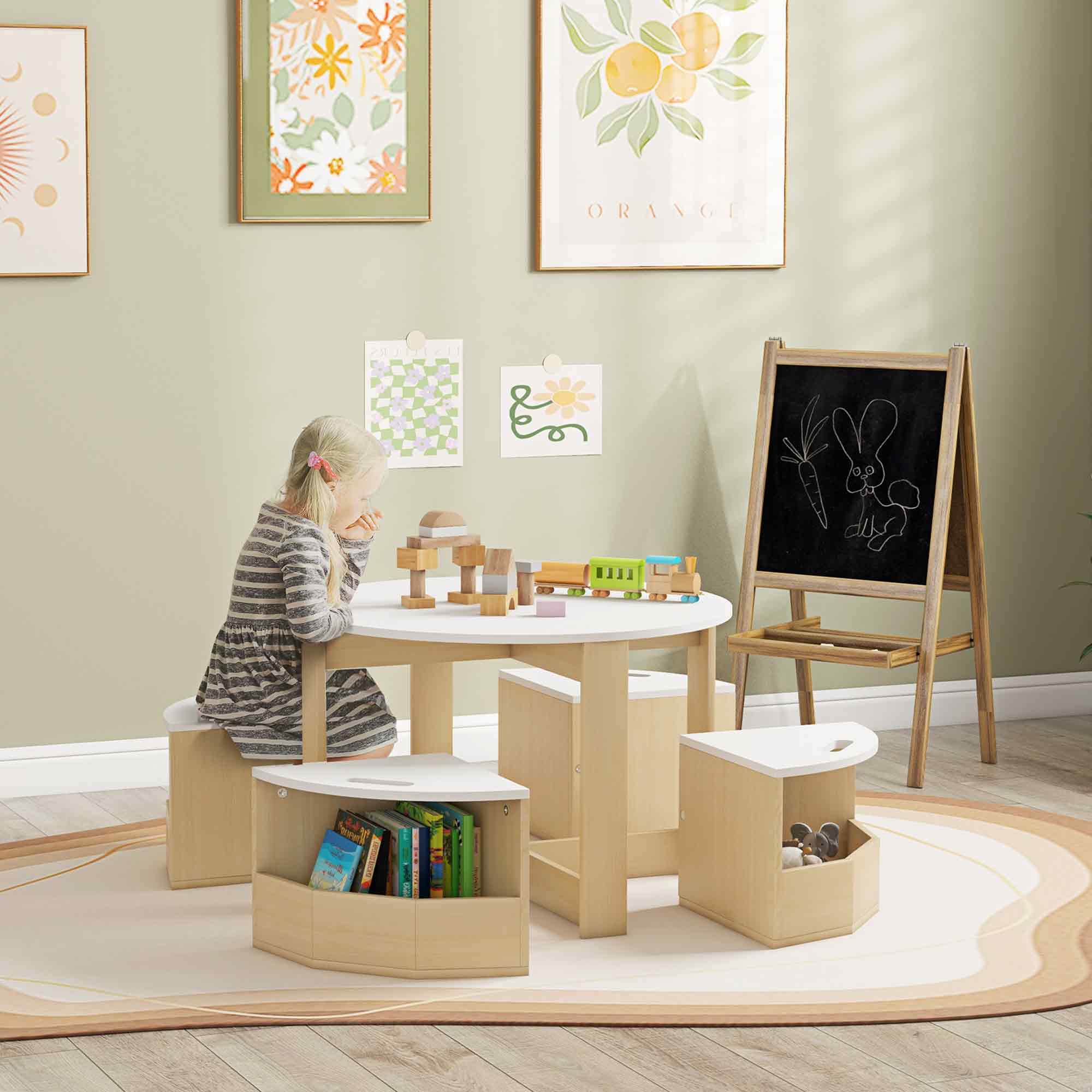 Light wood kids table and chair set with white top and storage stools aiyaplay five-piece set for ages 3-8