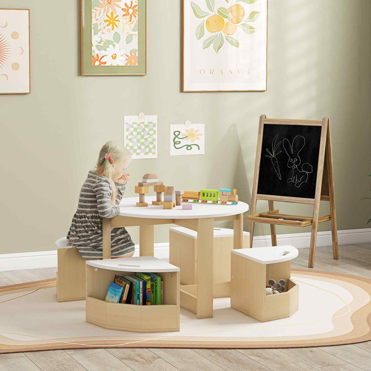 Light wood kids table and chair set with white top and storage stools aiyaplay five-piece set for ages 3-8