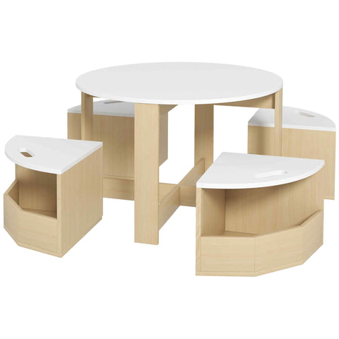 White aiyaplay five-piece kids table and chair set with light wood legs and storage stools for ages 3-8 years