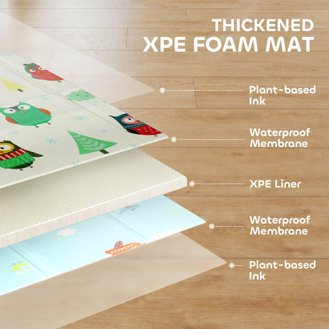 Thickened xpe foam mat with colorful owl and tree patterns layered between waterproof membranes in car track 200l x 150w