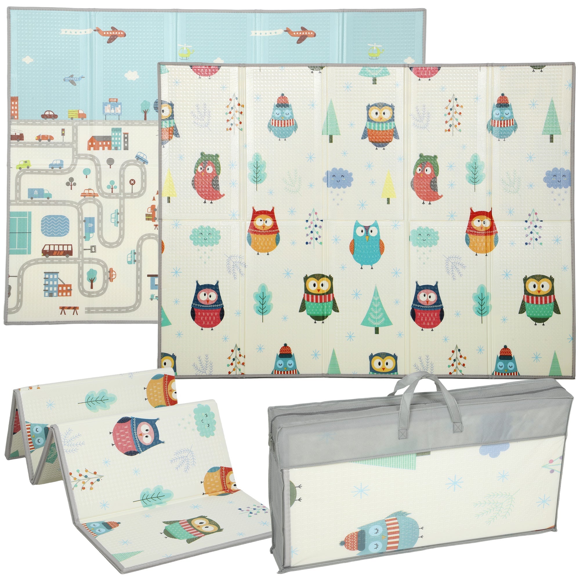 Aiyaplay foldable baby play mat 200l x 150w with colorful owl pattern and car track theme for kids crawling fun