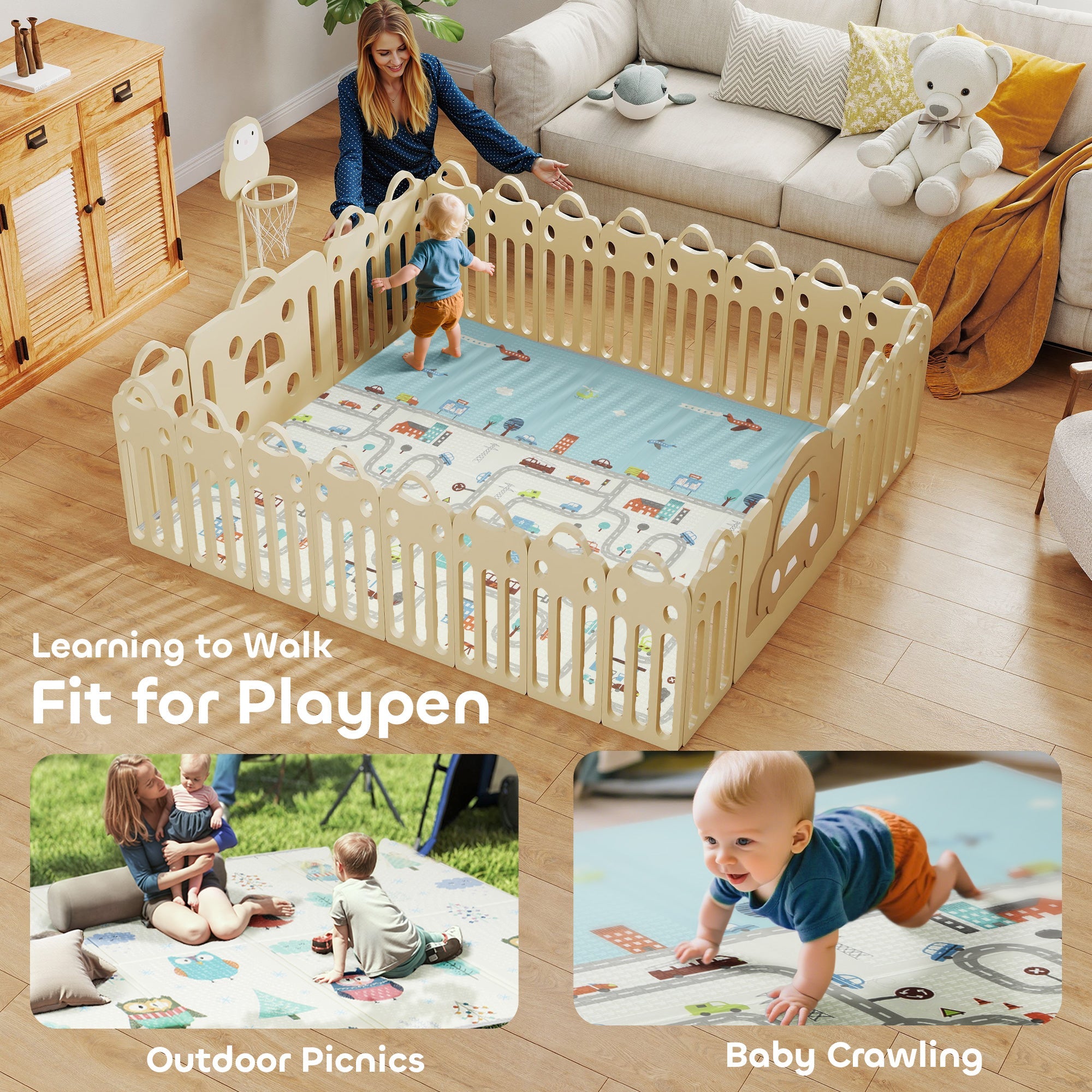 Beige plastic playpen with interlocking panels and colorful car track mat inside ai yaplay 200l x 150w cm