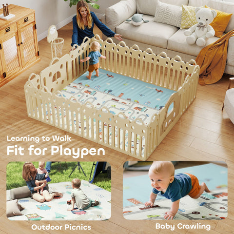Beige plastic playpen with interlocking panels and colorful car track mat inside ai yaplay 200l x 150w cm
