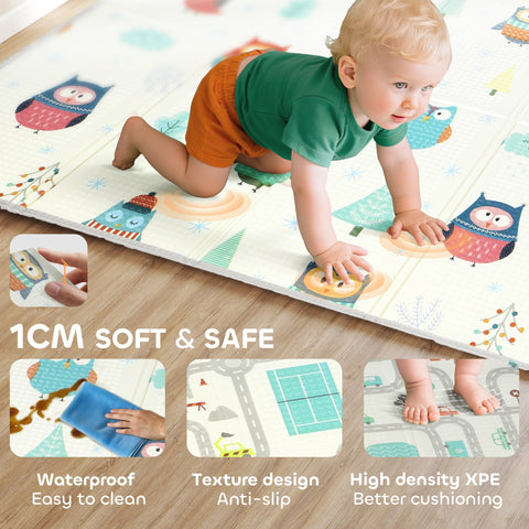 A soft white foldable baby play mat 200l x 150w with colorful cartoon owls and car track design for kids floor play