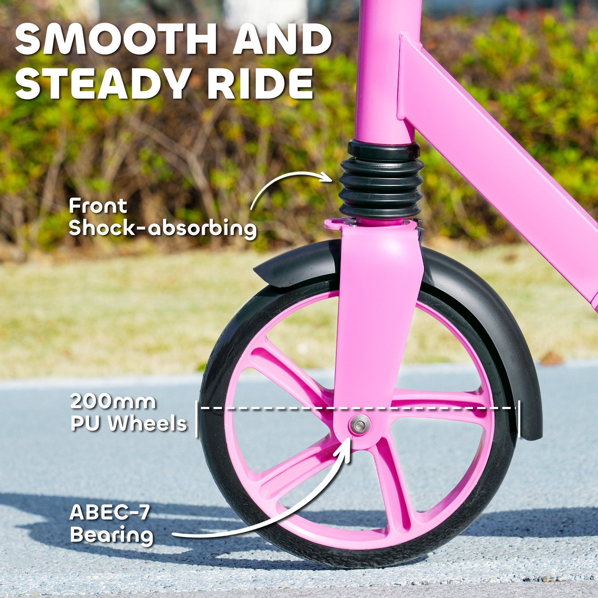 Pink aiyaplay foldable kids scooter with adjustable height, 200mm pu wheels, abec-7 bearing, and rear brake