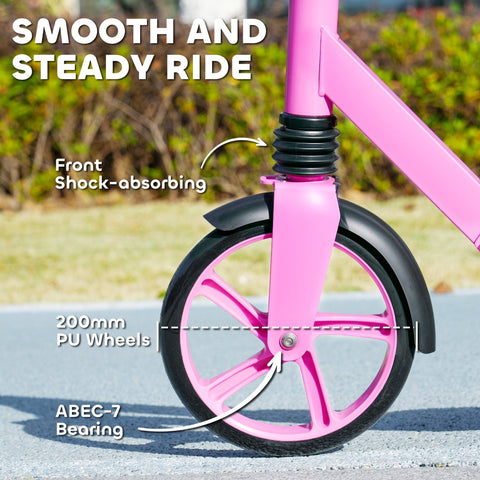 Pink aiyaplay foldable kids scooter with adjustable height, 200mm pu wheels, abec-7 bearing, and rear brake