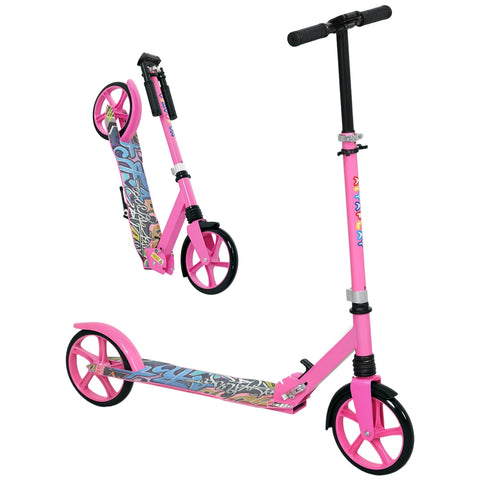 Pink aiyaplay foldable kids scooter with adjustable height, rear brake, big wheels, and colorful graffiti deck design