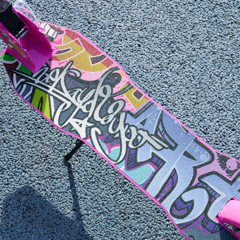Pink AIYAPLAY foldable kids scooter deck with graffiti art glittery colors adjustable height and rear brake for ages 6-12
