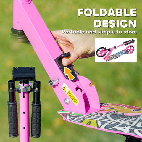 Pink AIYAPLAY foldable kids scooter with adjustable height, colorful graffiti deck, black grips, and rear brake for ages 6-12