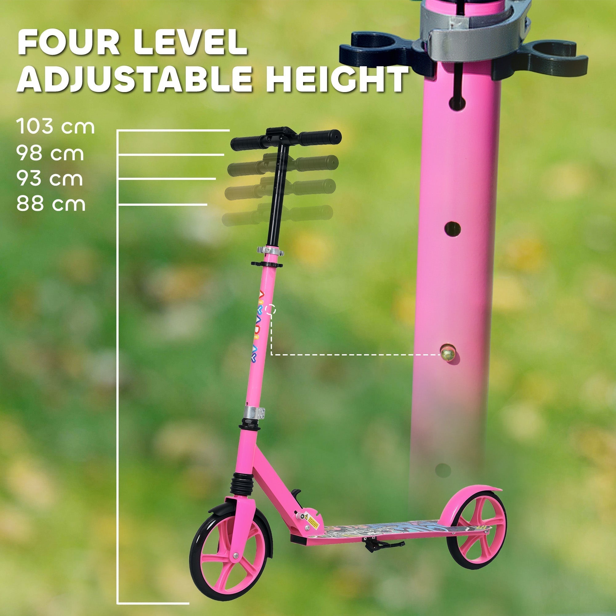 Pink AIYAPLAY foldable kids scooter with adjustable height levels, rear brake, big wheels, and colorful graphic design