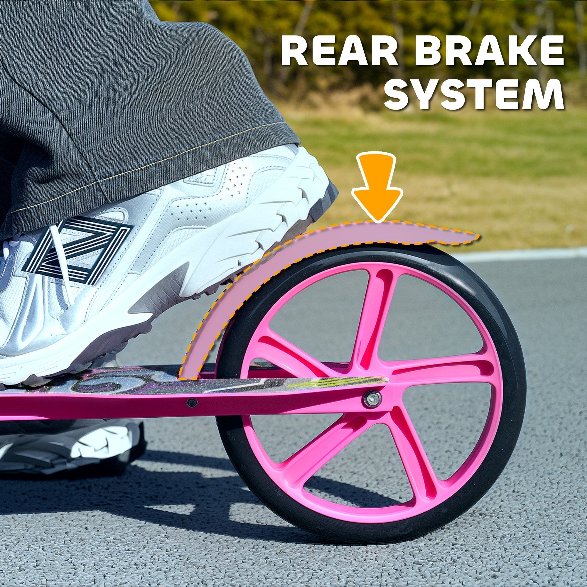 Backside of pink aiyaplay foldable kids scooter showing rear brake system with adjustable height and big black tire