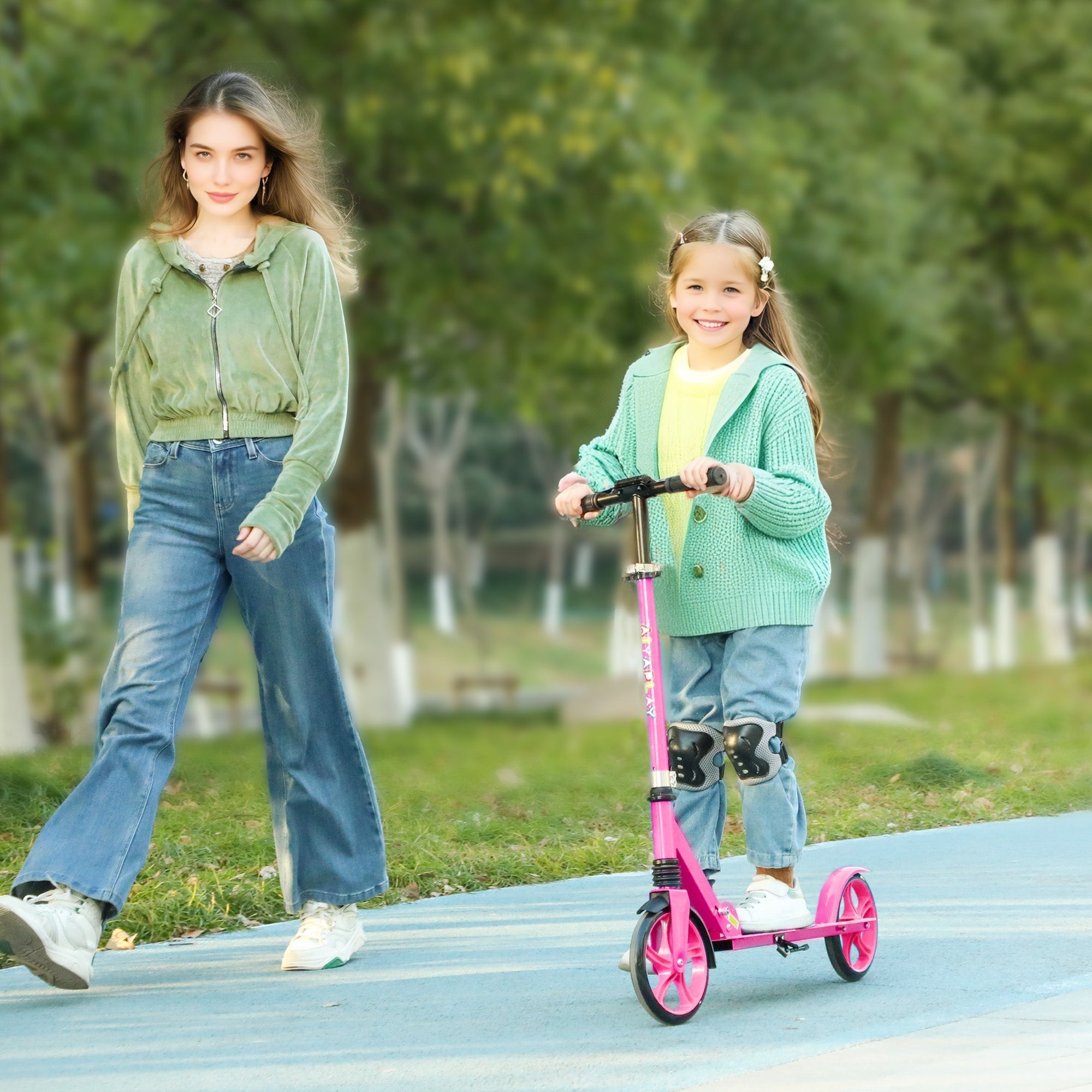 Pink aiyaplay foldable kids scooter with adjustable height, black handlebars, 200mm wheels, and rear brake for ages 6-12
