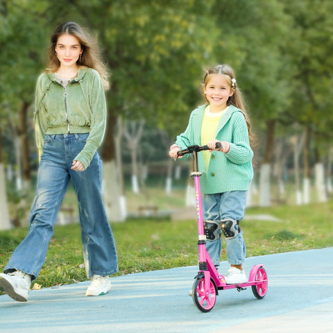 Pink aiyaplay foldable kids scooter with adjustable height, black handlebars, 200mm wheels, and rear brake for ages 6-12