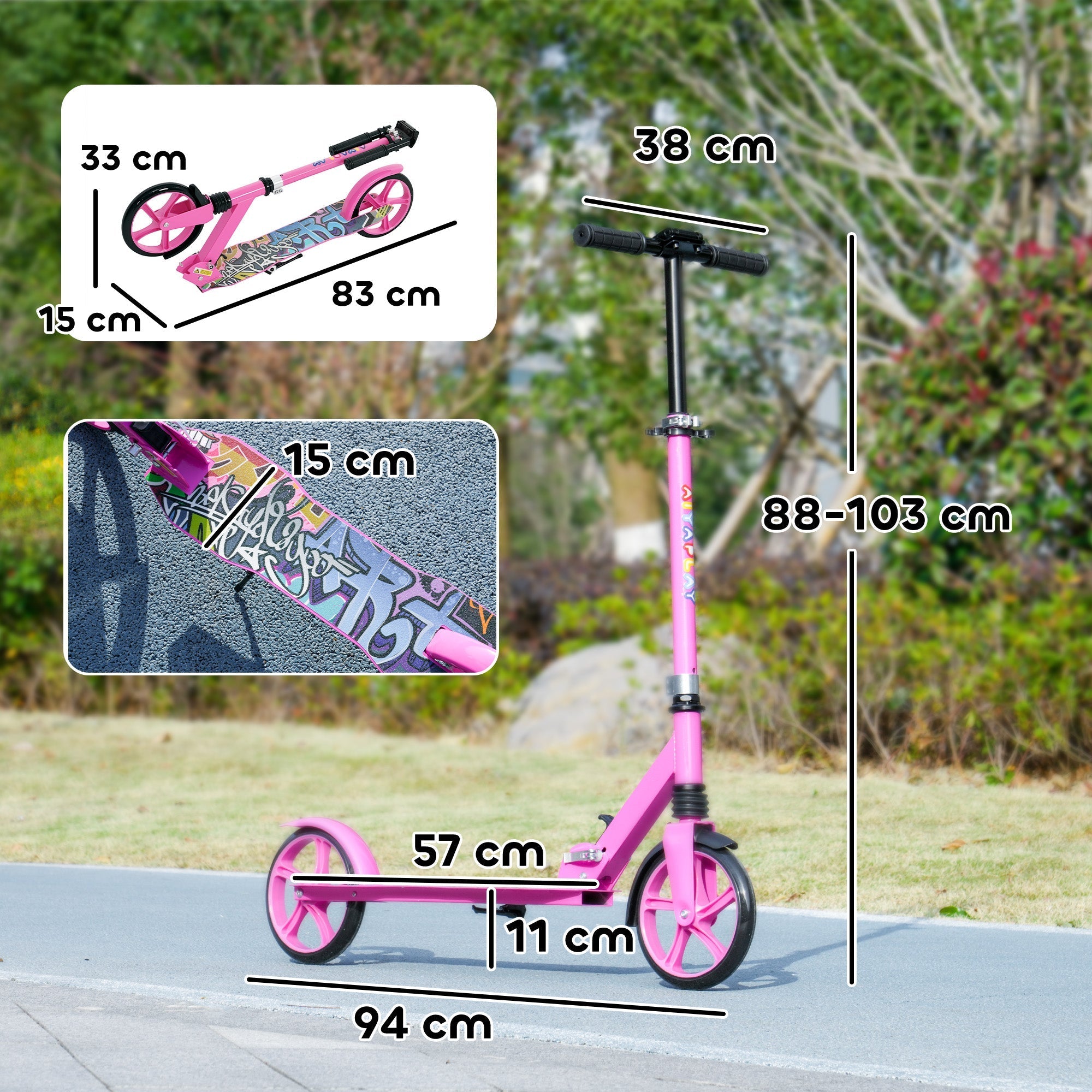 Pink aiyaplay foldable kids scooter with adjustable height handlebars, graffiti deck, and rear brake for ages 6-12