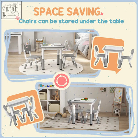 Aiyaplay toddler table and chair set with seven height adjustable gray and white plastic legs for space-saving storage