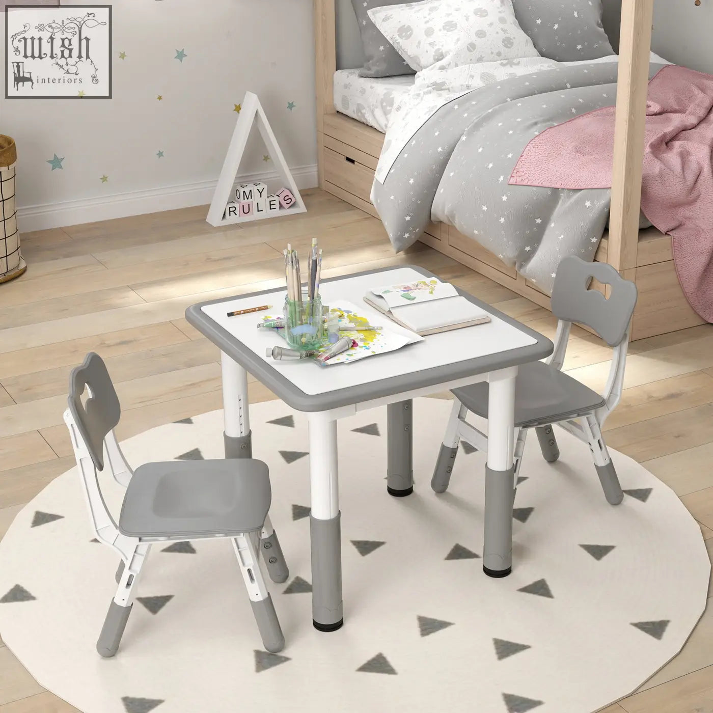 Gray and white aiyaplay toddler table and chair set with smooth plastic surface and seven height adjustable legs