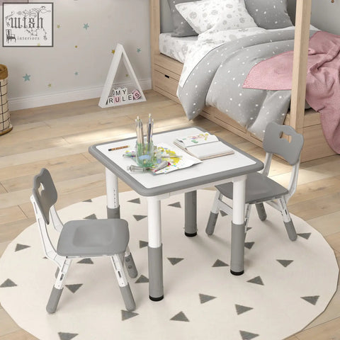 Gray and white aiyaplay toddler table and chair set with smooth plastic surface and seven height adjustable legs