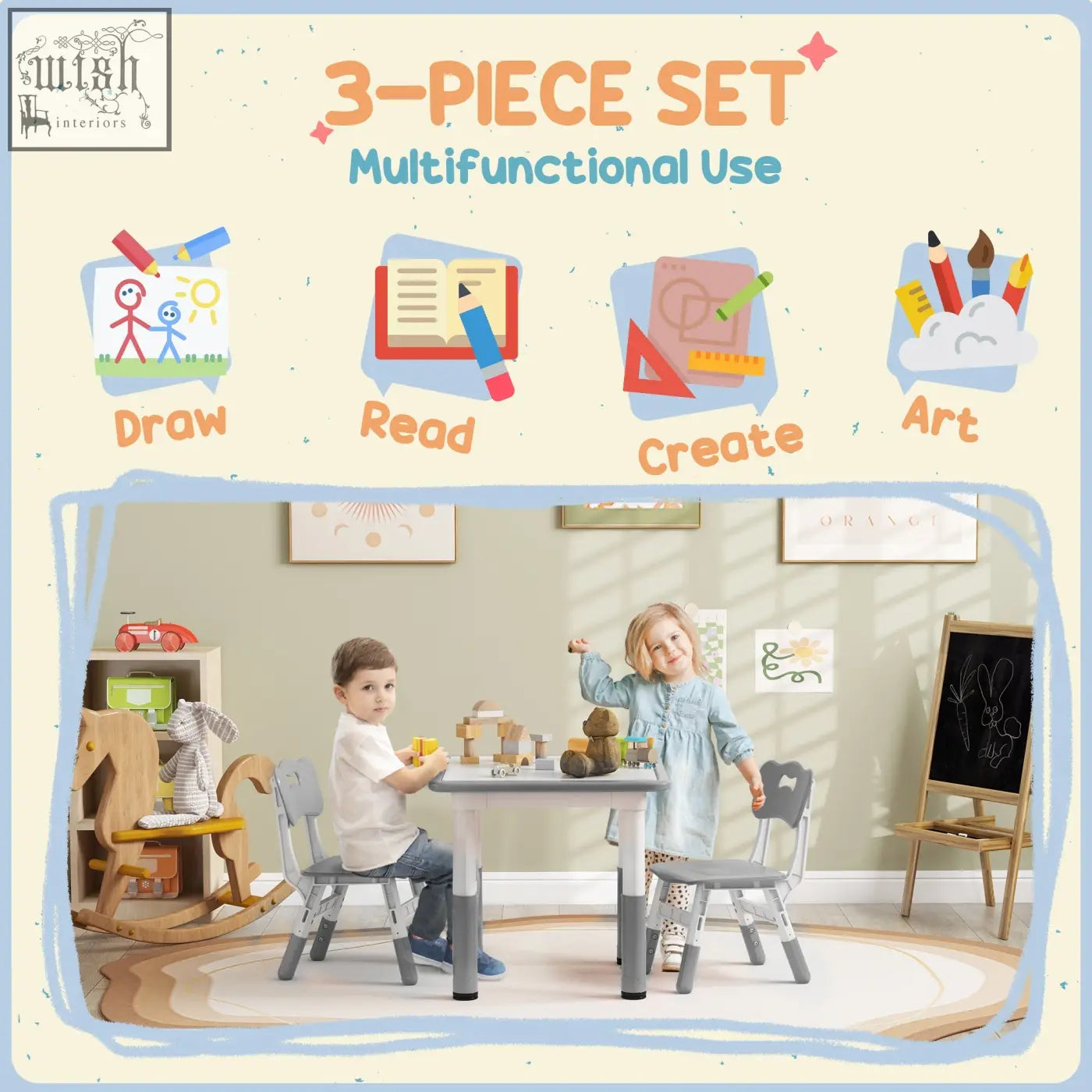 Gray aiyaplay height adjustable toddler table and chair set with seven height options for playroom or bedroom use