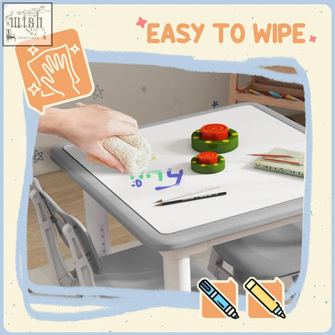 Aiyaplay toddler table and chair set with white easy-to-wipe tabletop and gray edges featuring seven height options