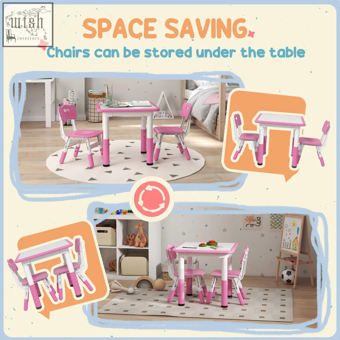 Pink and white ai yaplay toddler table and chair set with seven height adjustments and space-saving storage design