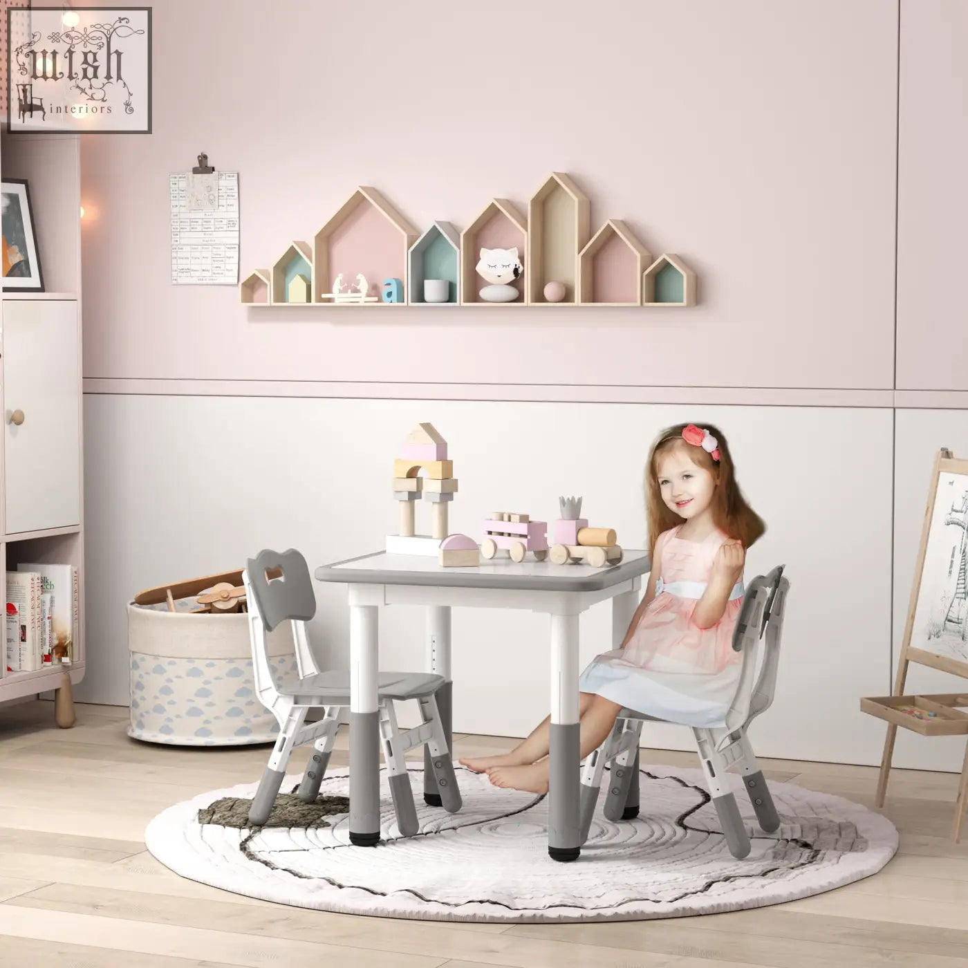 Gray and white aiyaplay toddler table and chair set with seven height adjustments for playroom or bedroom use
