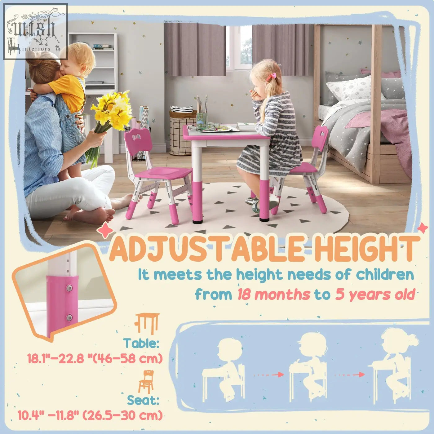 Pink AIYAPLAY height adjustable toddler table and chair set with seven height options for playroom use