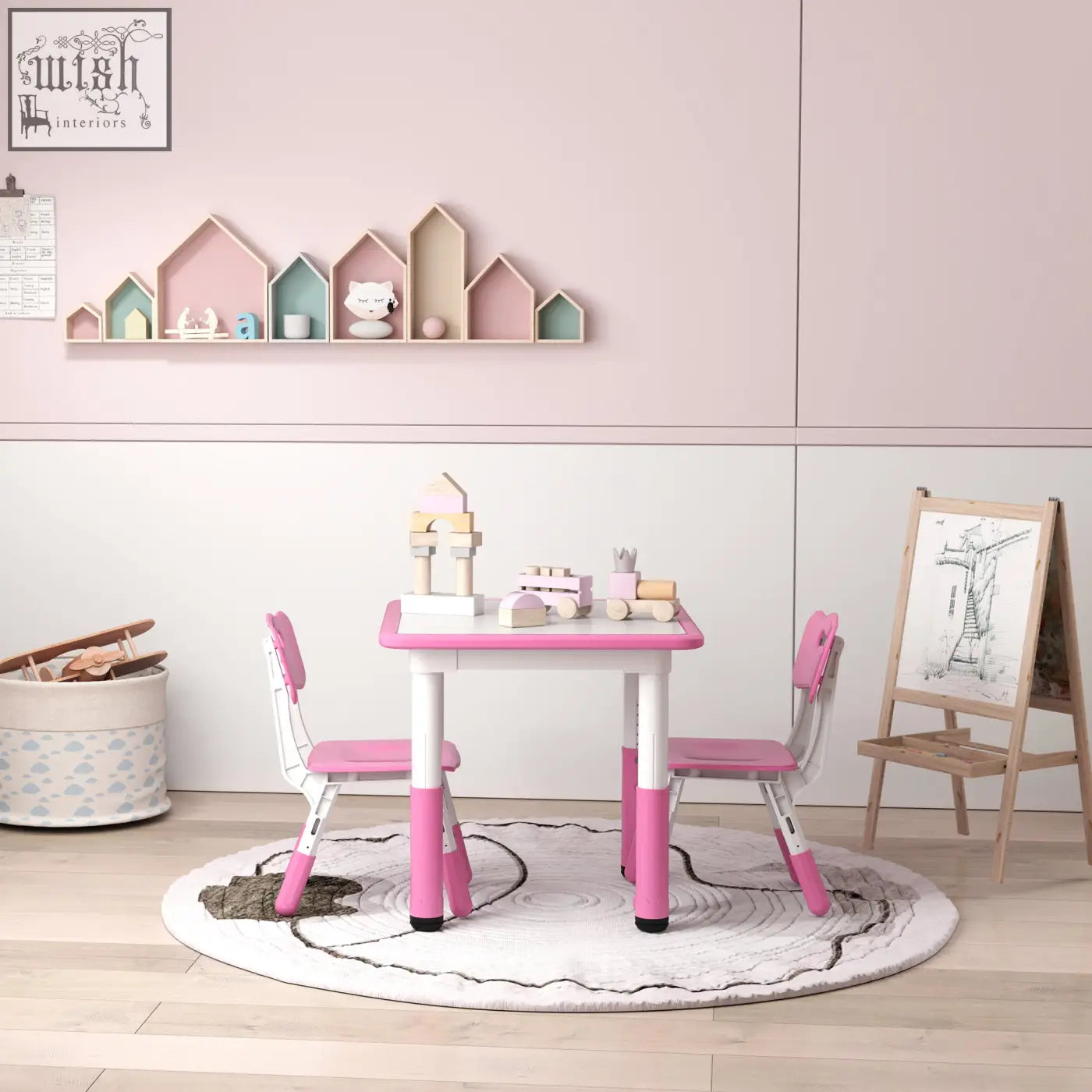 Aiyaplay pink and white toddler table and chair set with seven height adjustable settings for playroom fun