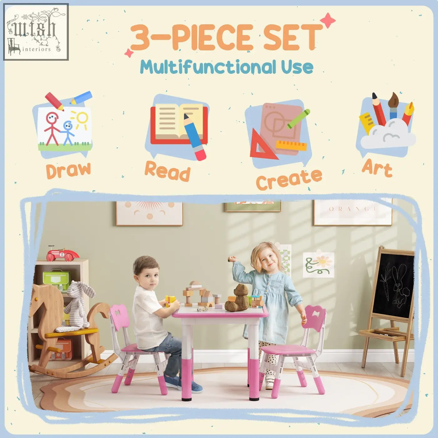 Pink AIYAPLAY height adjustable toddler table and chair set with seven height options for playroom use