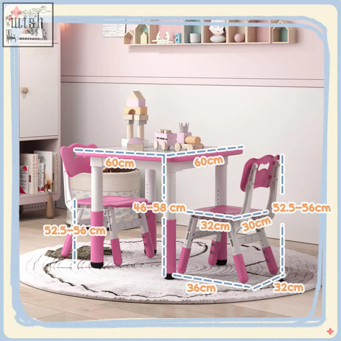Pink and white aiyaplay toddler table and chair set with seven height adjustable legs and pink cushioned seats