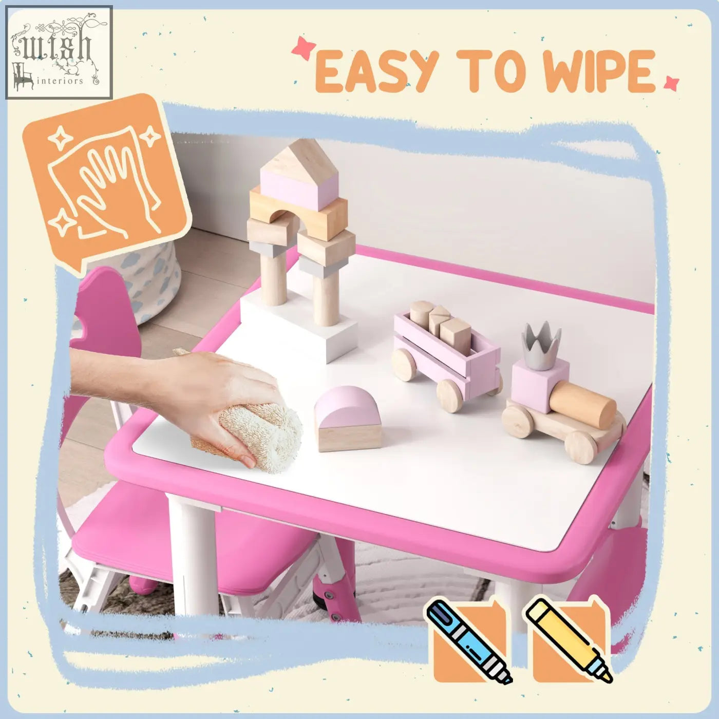 Pink AIYAPLAY height adjustable toddler table and chair set with seven height settings featuring wooden toys on white surface