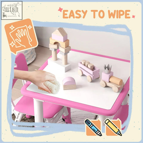 Pink AIYAPLAY height adjustable toddler table and chair set with seven height settings featuring wooden toys on white surface