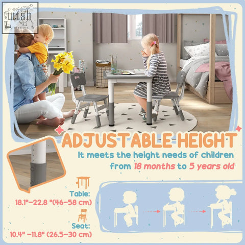 Aiyaplay height adjustable toddler table and chair set with gray metal frames and white legs for kids 18 months to 5 years