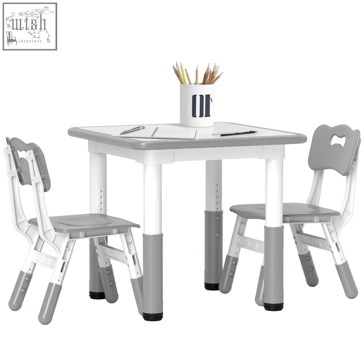 Gray and white aiayplay toddler table and chair set with seven height adjustments perfect for playroom seating