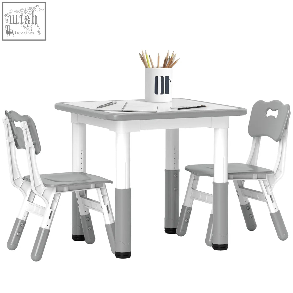 Gray and white aiayplay toddler table and chair set with seven height adjustments perfect for playroom seating