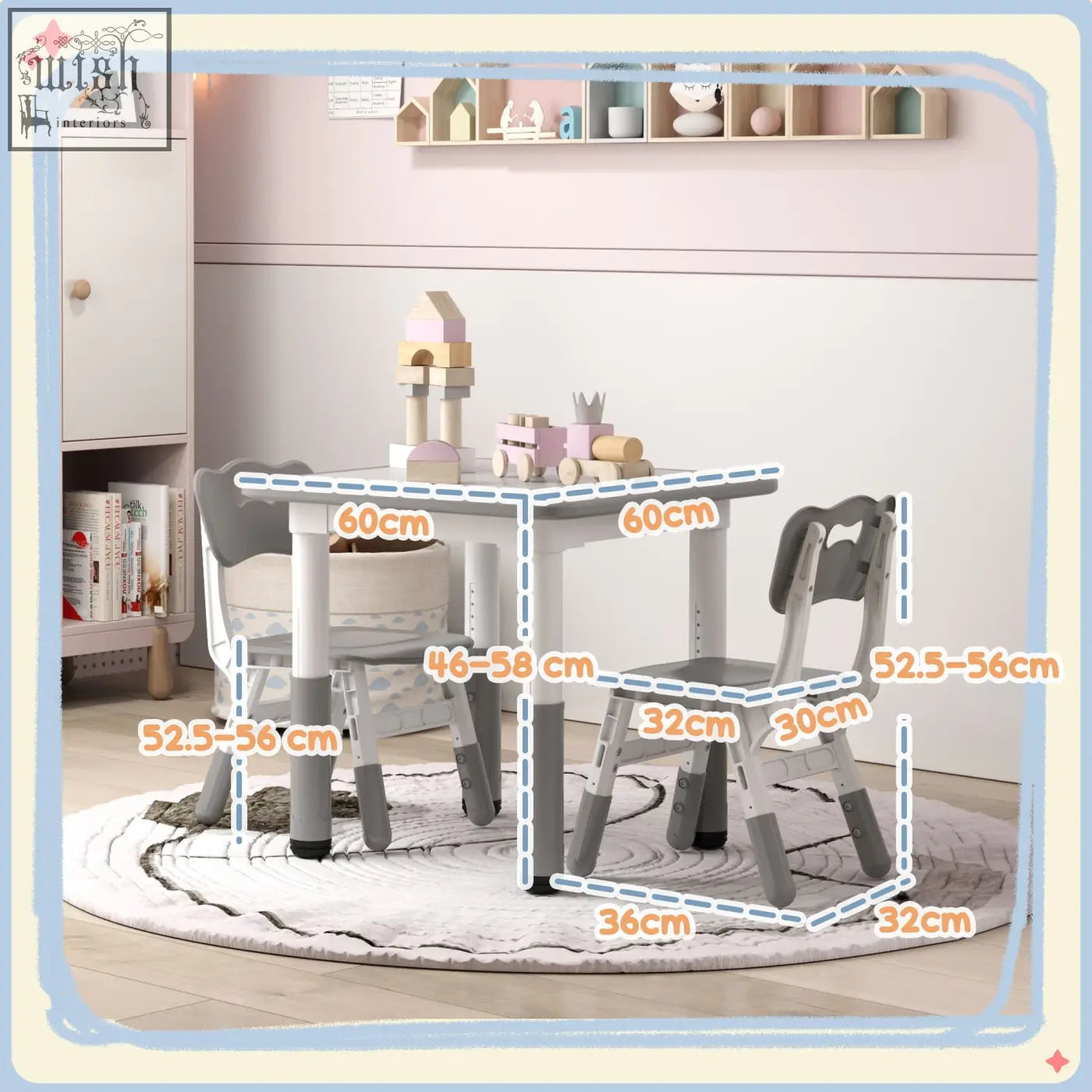Aiyaplay adjustable height toddler table and chair set in white and gray with playful design and seven height options