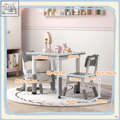 Aiyaplay adjustable height toddler table and chair set in white and gray with playful design and seven height options