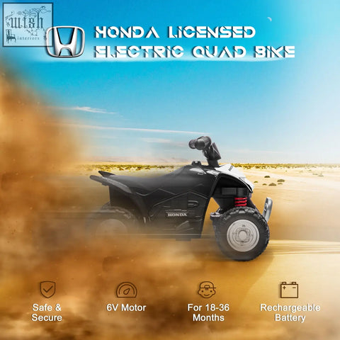 Black honda licensed kids electric quad bike with red suspension white wheels and foot pedal for authentic driving experience