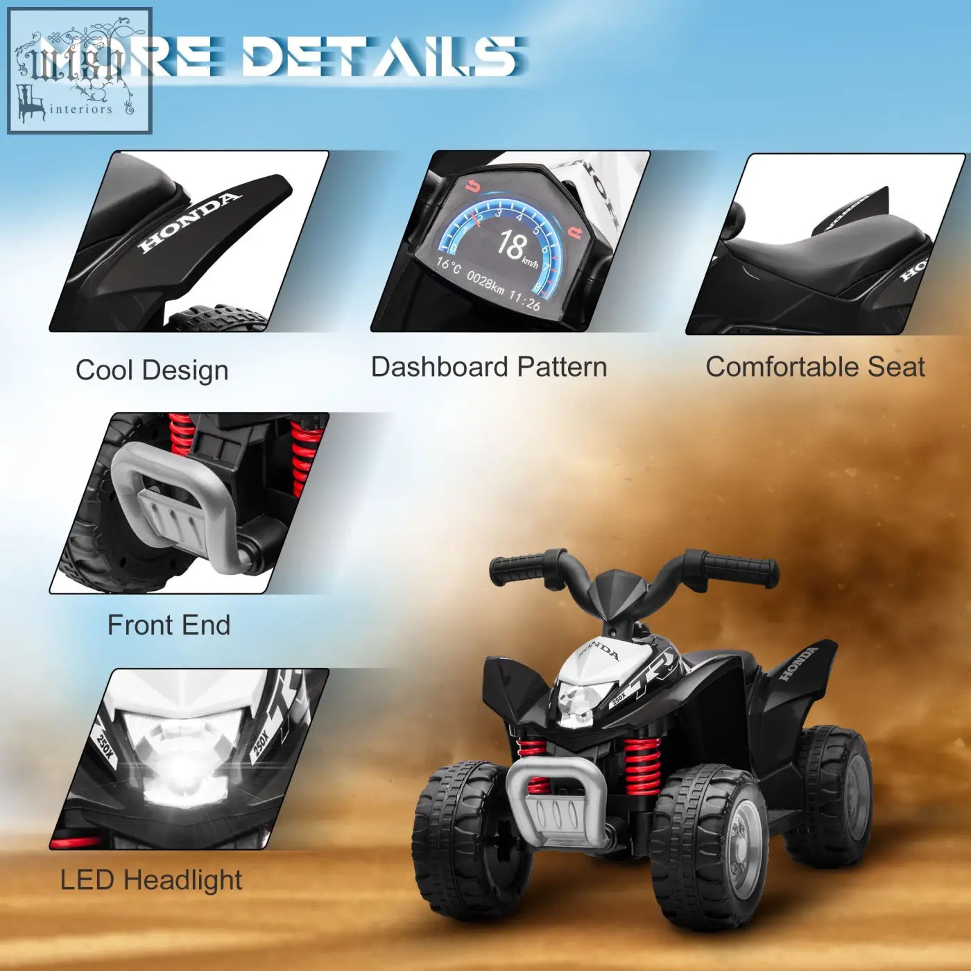Black and silver honda licensed kids electric quad bike with red shocks led headlights and foot pedal for authentic driving experience