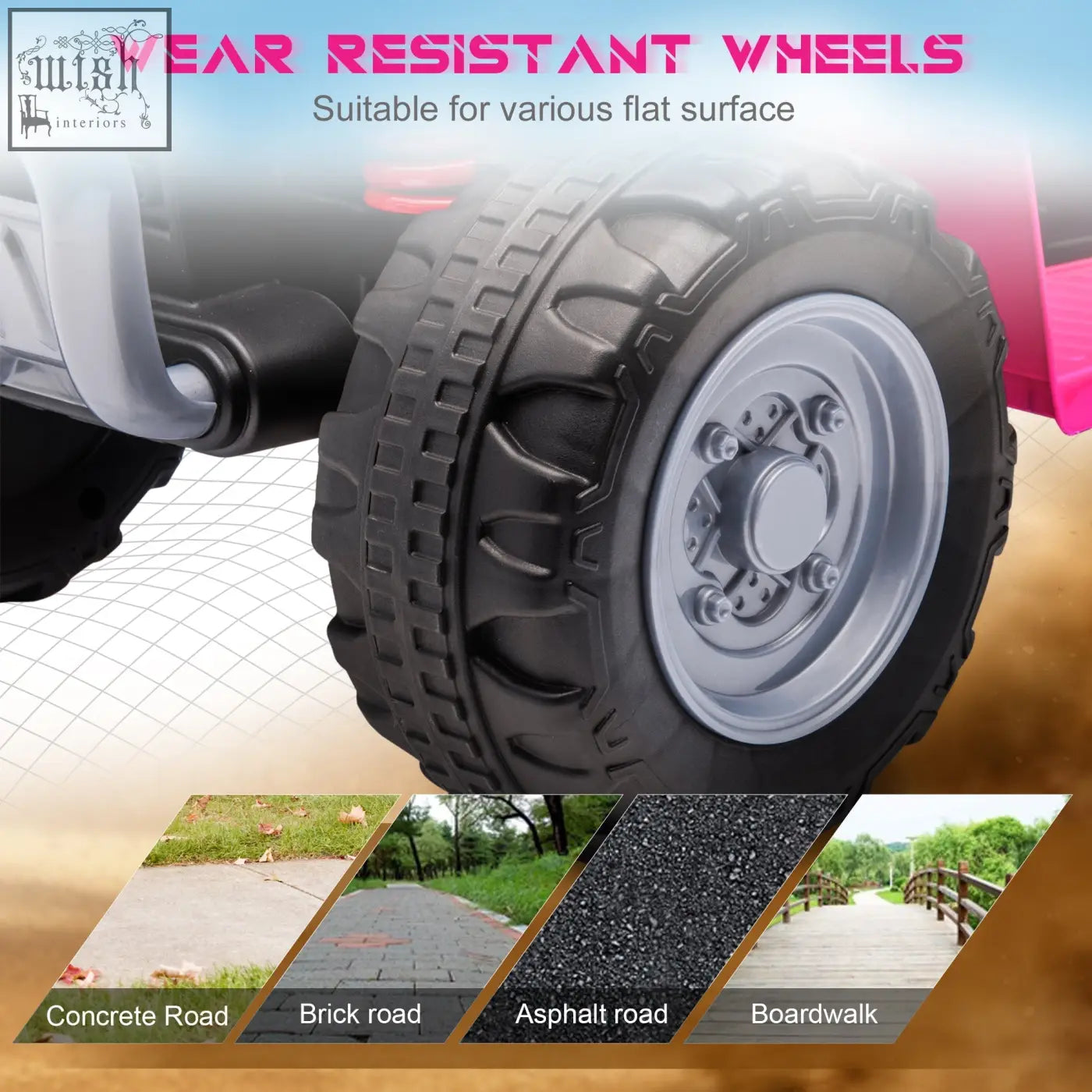 Black rubber tire with deep treads and silver alloy rim on honda licensed pink kids quad bike for authentic driving experience with foot pedal