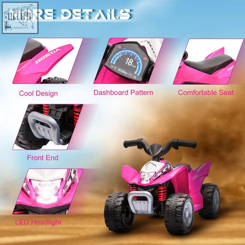 Pink honda licensed kids electric quad bike with black seat handlebars wheels and foot pedal for authentic driving experience