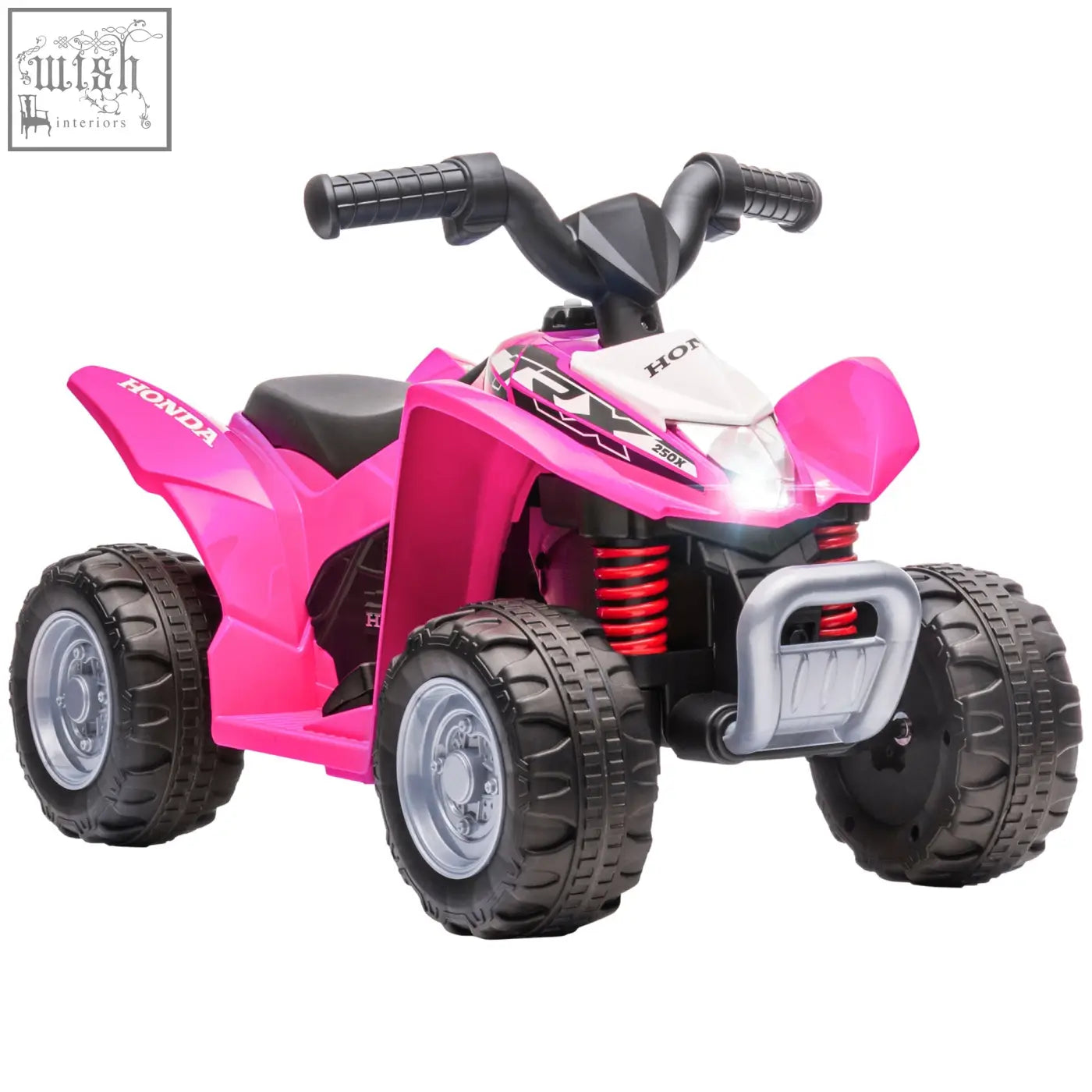 Pink and white honda licensed kids electric quad bike with rugged tires red suspension springs and foot pedal for authentic driving experience