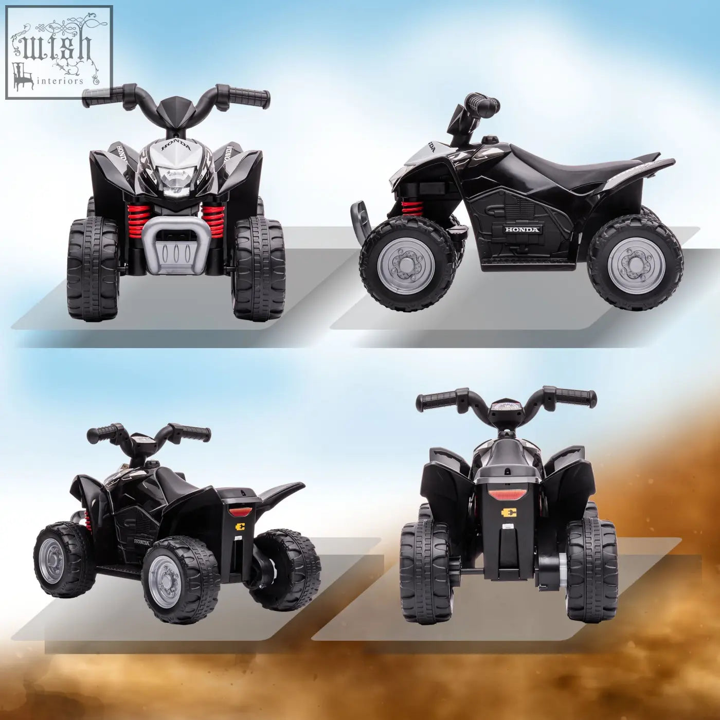 Black and silver honda licensed kids electric quad bike with red suspension accents and foot pedal for authentic driving experience