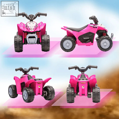 Pink honda licensed kids electric quad bike with black seat handlebars tires and foot pedal for authentic driving experience