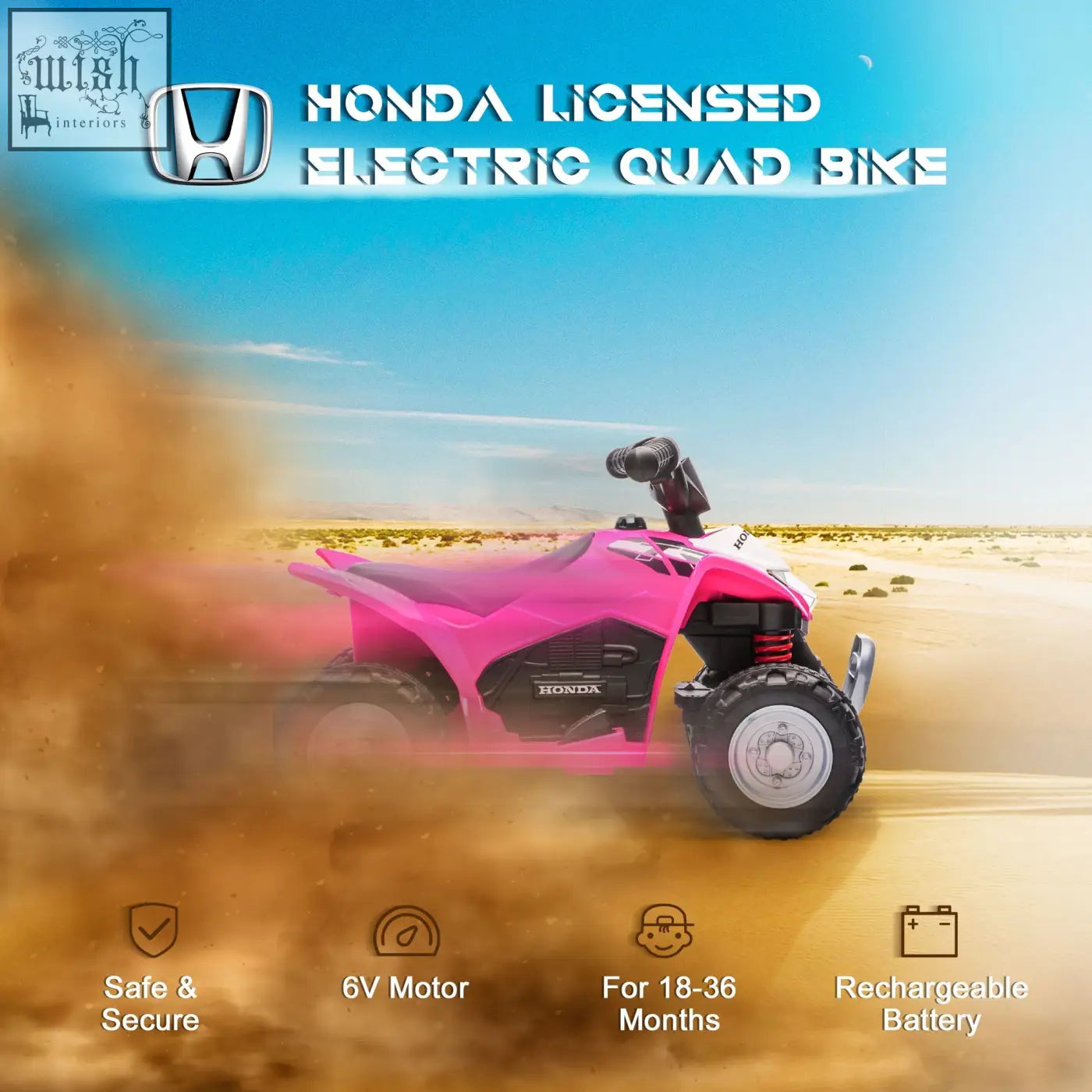 Pink honda licensed electric quad bike with black accents white wheels and foot pedal for authentic driving experience